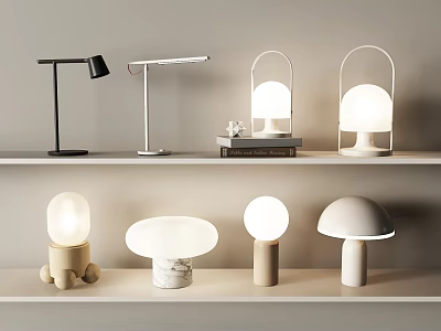 Various Modern Table Lamps With Spherical Shades Metal Stands And Marble Bases On Shelves 3d model