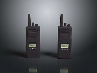 Two Black Walkie Talkies As Electronic Communication Devices With Digital Display And Antennas 3d model