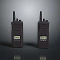 Two Black Walkie Talkies As Electronic Communication Devices With Digital Display And Antennas