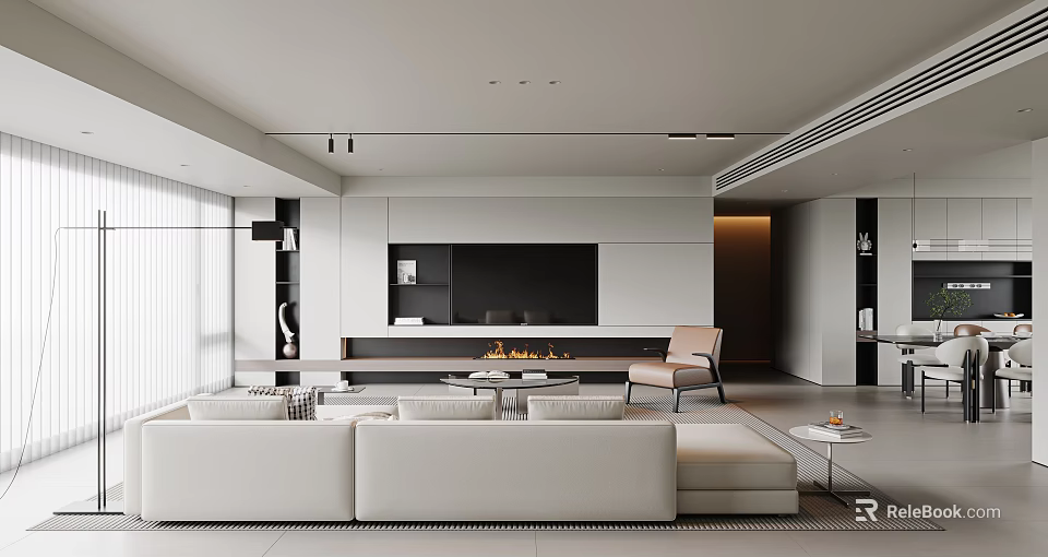 Modern Living Dining Room Interior With White Sofa TV Wall Fireplace And Beige Chair 3d model 