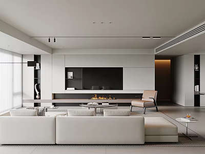 Modern Living Dining Room Interior With White Sofa TV Wall Fireplace And Beige Chair 3d model