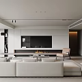 Modern Living Dining Room Interior With White Sofa TV Wall Fireplace And Beige Chair
