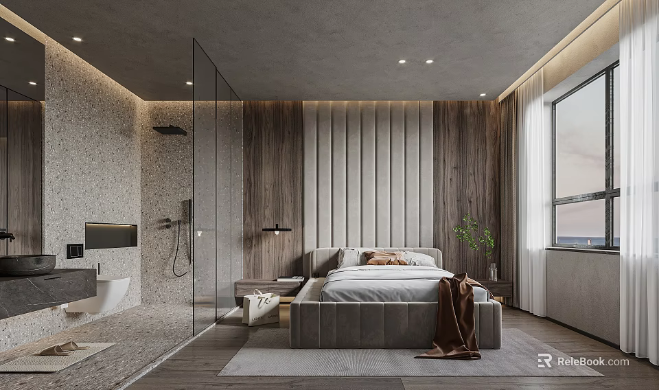 Modern Bedroom Interior With Platform Bed Wooden Slat Wall Glass Partition Area Rug And Plant 3d model 