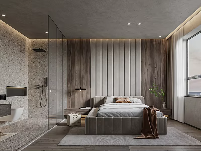 Modern Bedroom Interior With Platform Bed Wooden Slat Wall Glass Partition Area Rug And Plant 3d model