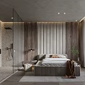 Modern Bedroom Interior With Platform Bed Wooden Slat Wall Glass Partition Area Rug And Plant
