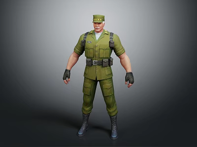 Military Game Movie Character In Green Uniform With Cap Belt Gloves And Boots 3d model