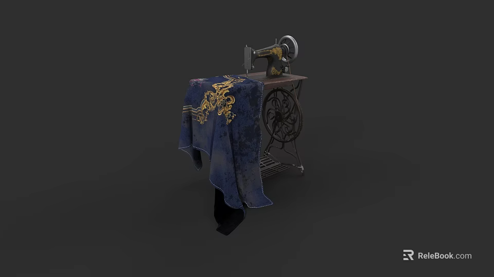 Vintage Sewing Machine With Decorative Blue Fabric And Golden Floral Pattern On Wooden Workbench 3d model 