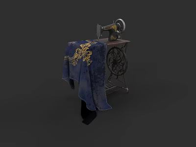 Vintage Sewing Machine With Decorative Blue Fabric And Golden Floral Pattern On Wooden Workbench 3d model