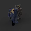 Vintage Sewing Machine With Decorative Blue Fabric And Golden Floral Pattern On Wooden Workbench