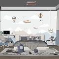 Modern Kids Room Interior With Bed Wall Mural Hot Air Balloons Airplanes And Desk