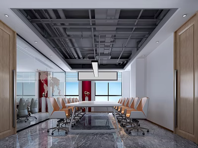 Modern Conference Room With Large Table Ergonomic Chairs Floor to Ceiling Windows And Glass Walls 3d model