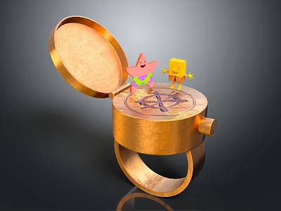 SpongeBob And Patrick Star In Golden Open Box With Circular Base And Shiny Surface 3d model