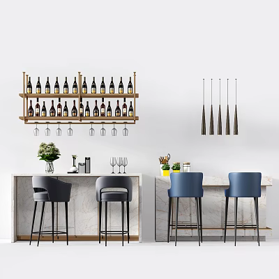 Modern Bar Area With Marble Countertop Wine Rack Bottles Glasses And Bar Stools 3d model