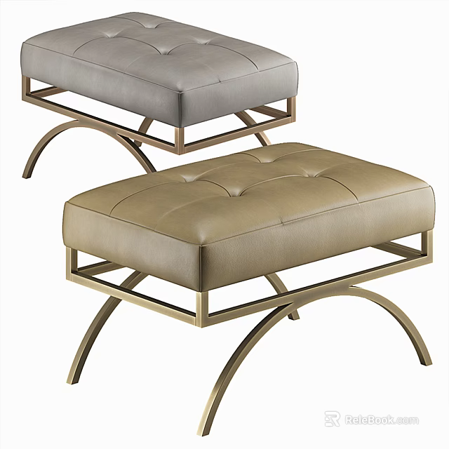 Stylish Leather Tufted Sofa Stools With Curved Metal Legs In Gray And Beige 3d model 