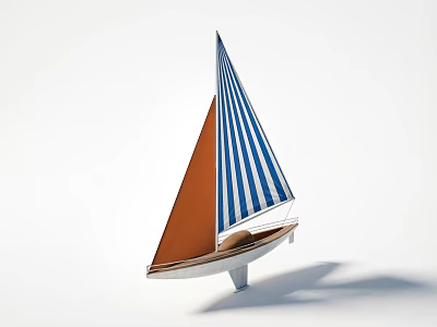 Model Sailboat with Blue White Striped and Brown Sails and White Wooden Hull 3d model