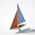 Model Sailboat with Blue White Striped and Brown Sails and White Wooden Hull