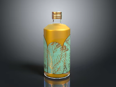 Elegant Artisanal Beverage in Golden Bottle with Green Decorative Leaf Design 3d model