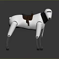 A white robotic sheep with black neck and legs carrying brown saddle on back