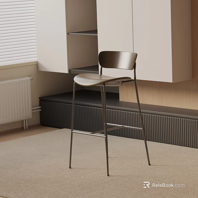 Modern Sleek Bar Chair With Metal Legs In Interior Featuring Open Cabinets And Carpet 3d model 