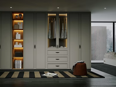 Modern Walk In Closet With Illuminated Shelves Drawers And Mirrored Wardrobe 3d model