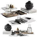 Stylish Decorative Ornament Set With Glass Vase Wooden Tray Black Spherical Ornaments And Books
