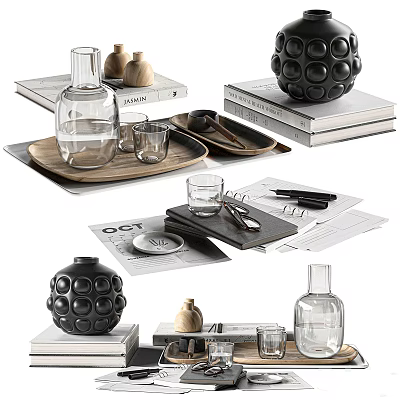 Stylish Decorative Ornament Set With Glass Vase Wooden Tray Black Spherical Ornaments And Books 3d model