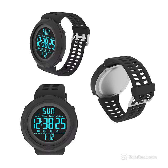 Digital Sports Watch With Black Perforated Strap And Clear Screen Showing Sunday Time 3d model 