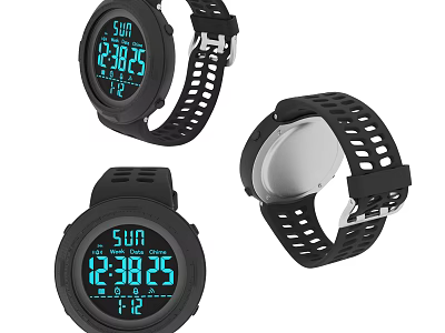 Digital Sports Watch With Black Perforated Strap And Clear Screen Showing Sunday Time 3d model