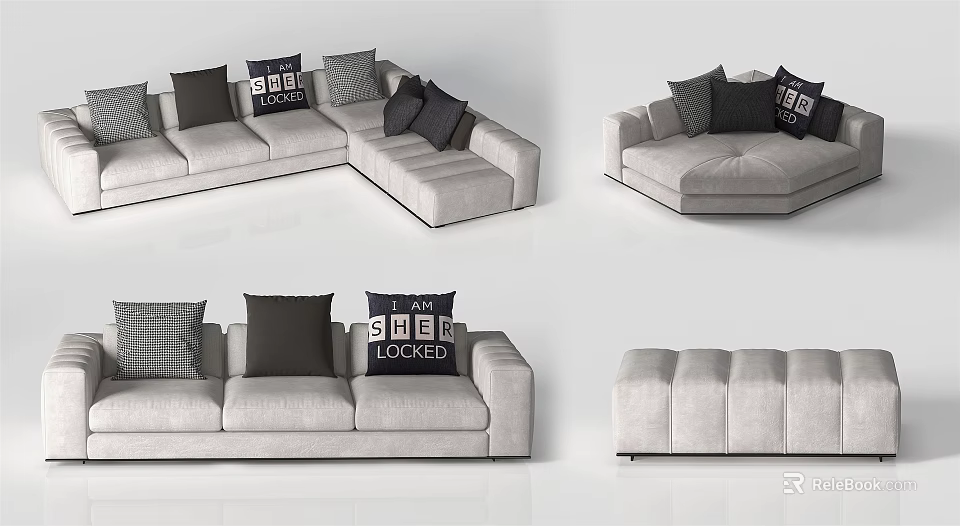 Modern Sectional Sofa With Gray Upholstery And Decorative Pillows Displayed In Different Angles 3d model
