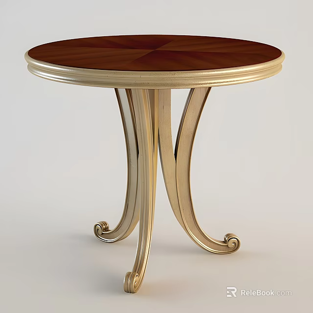Elegant Classic Coffee Table With Round Brown Wooden Top And Golden Curved Legs 3d model 