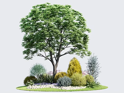 Tall Green Tree With Lush Foliage Surrounded By Various Shrubs And Plants In Garden Setting 3d model