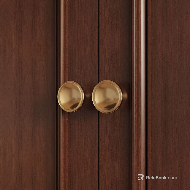 Classic Brown Wooden Door With Brass Round Knobs And Vertical Wood Panels 3d model 