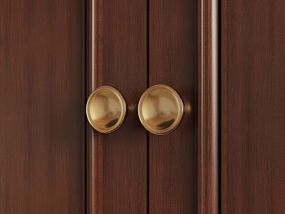 Classic Brown Wooden Door With Brass Round Knobs And Vertical Wood Panels 3d model