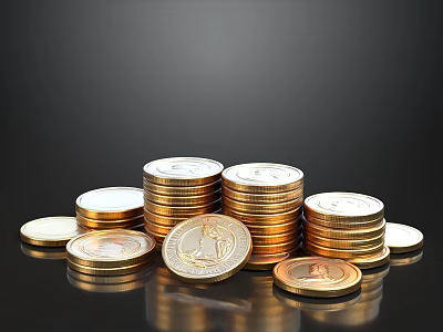 Shiny Gold And Silver Coin Stacks With Reflective Surfaces On Black Background 3d model