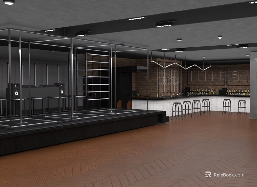 Modern Bar Interior Design With Metal Frames Bar Counter And Wooden Floor 3d model 