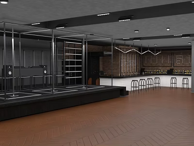 Modern Bar Interior Design With Metal Frames Bar Counter And Wooden Floor 3d model