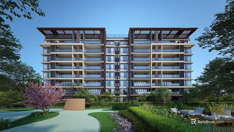Modern Mid Rise Residential Building With Balconies And Surrounding Greenery Lawns Trees Pathways Benches 3d model 