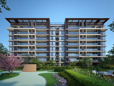 Modern Mid Rise Residential Building With Balconies And Surrounding Greenery Lawns Trees Pathways Benches 3d model