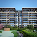 Modern Mid Rise Residential Building With Balconies And Surrounding Greenery Lawns Trees Pathways Benches