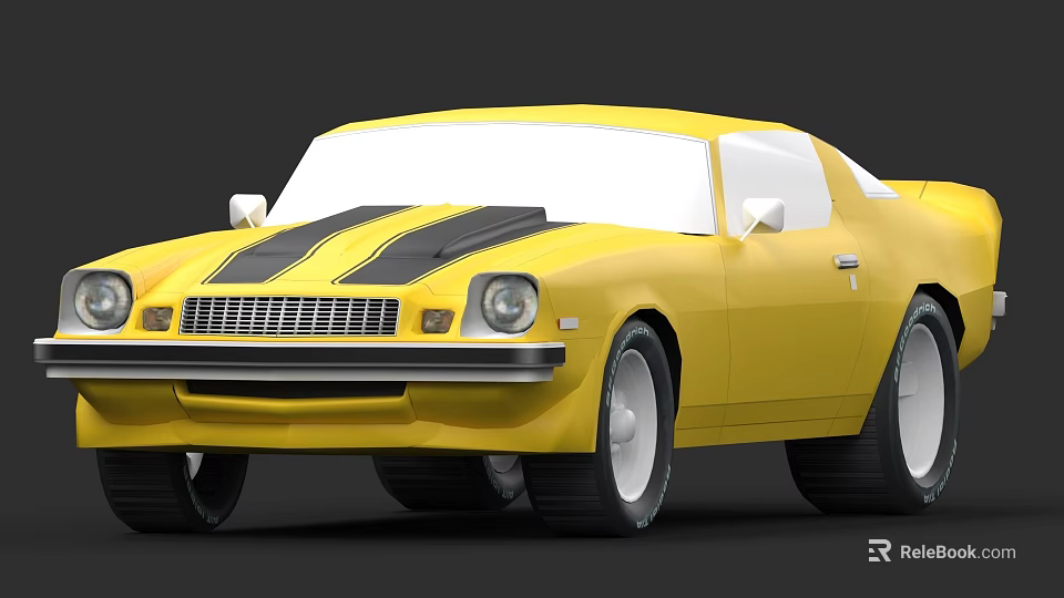 Classic Yellow Muscle Car With Black Stripes And White Wheels Design 3d model 