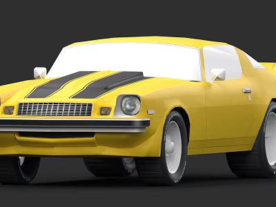 Classic Yellow Muscle Car With Black Stripes And White Wheels Design 3d model