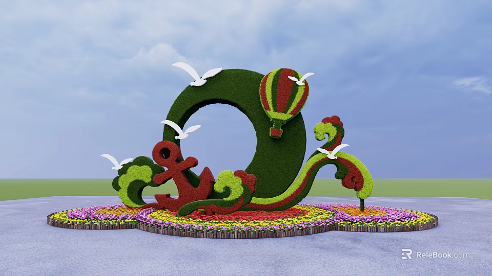 Creative Flower Bed and Planter with Green Sculptural Design Red Anchor and Colorful Flowers 3d model 