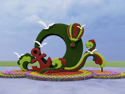 Creative Flower Bed and Planter with Green Sculptural Design Red Anchor and Colorful Flowers 3d model