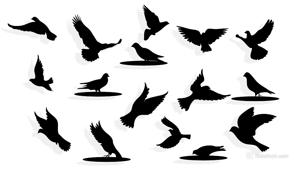 Bird Silhouettes Collection With Various Flying And Perching Poses On White Background 3d model 
