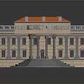 Cartoon Scene of Classical Building with Orange Roof Stone Walls Columns and Steps