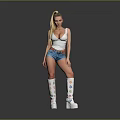 Woman In White Tank Top Blue Denim Shorts And White Knee High Boots Gray Background