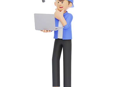 Man Holding Laptop in Blue Shirt With Thinking Gesture And Black Pants 3d model