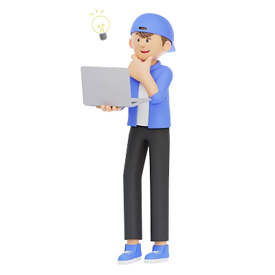 Man Holding Laptop in Blue Shirt With Thinking Gesture And Black Pants 3d model