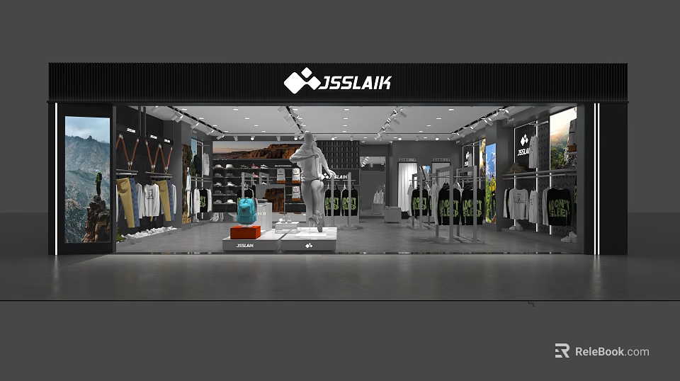 Modern Clothing Store Interior With Mannequins Hanging Clothes And Apparel Shelves 3d model 