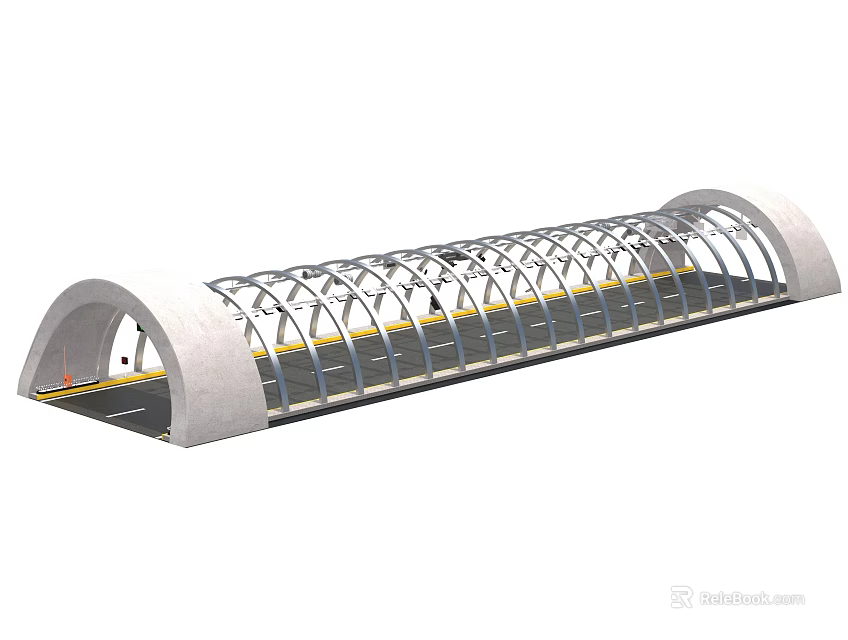 Covered Road Infrastructure With Arched Metal Framework Concrete Sidewalls And Yellow Lane Markings 3d model 